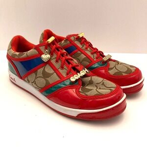 VTG Coach Women's Sneakers Oriana Size 9.5 Rhinestones Charms Logo Red Khaki Y2K